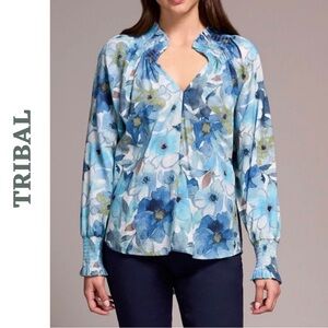 Tribal Blue Floral Cotton Smocked Blouse XS